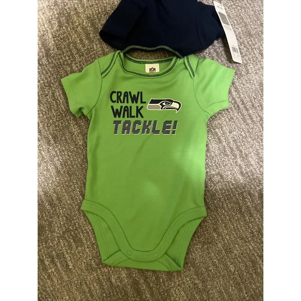 2-Infant NFL Licensed Seattle Seahawks Bodysuit Size 0-3mo Blue & Green NWT